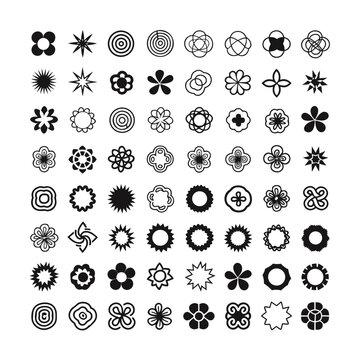 Extensive collection of sixty-four black and white abstract geometric floral and starburst shapes and Keywords: abstract, shape