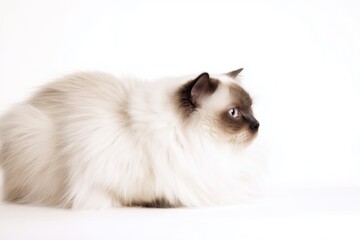 Naklejka premium studio photo of a Birman cat, full body visible, cat sitting naturally, upright calm sitting posture, cat facing the camera, pure white studio cyclorama