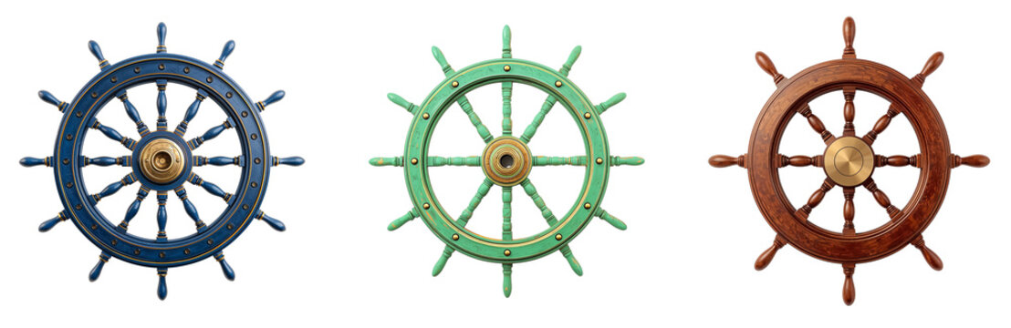 Vintage wooden ship steering wheel isolated on transparent background
