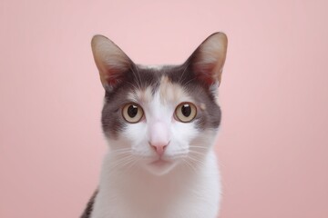 Japanese Bobtail cat, close-up head and upper body, cat looking directly at the camera, soft pastel pink studio background