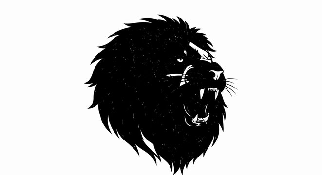 Black lion head with roaring mouth and sharp fangs, detailed mane