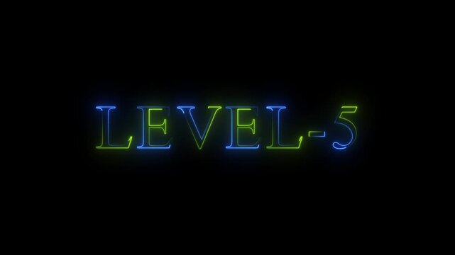 Neon Level 5 glowing text animation, futuristic gradient typography for gaming interface
