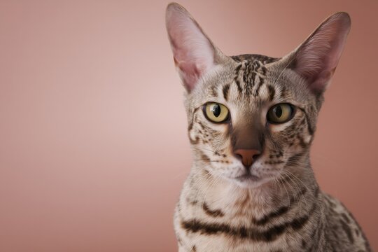 studio portrait of an Ocicat, close-up head and upper body, cat looking directly at the camera