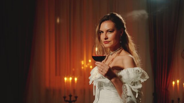happy sexy noble woman queen drinking red wine hand holding glass alcohol drink. night dark room candles light. Adult girl old style clothes white elegance victorian dress, love medieval ball party.