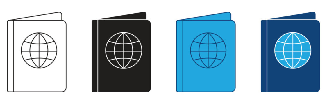Passport Globe icon set. Travel foreign passport document  sign. National citizenship identity international passport symbol isolated on white background. Vector illustration.