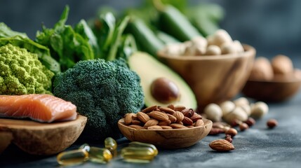 Collection of healthy foods rich in omega-3, vitamins, and minerals including salmon, broccoli, avocado, nuts, and supplements on a dark background.