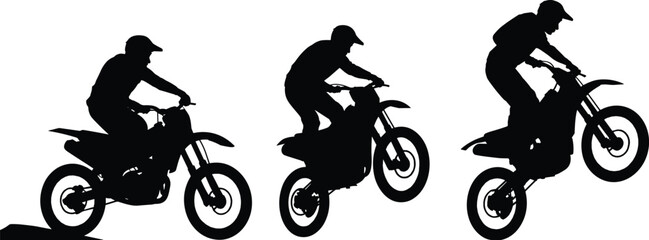 Three Silhouettes of Motorcyclists Performing Dirt Bike Jumps on a White Background dirt bikes black © Hey Tahera