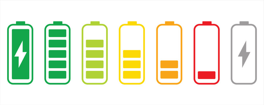 Battery level indicators. Colorful battery charge level icons. Battery power level pictograms in outline style. Battery level indicators. vector illustration eps file.