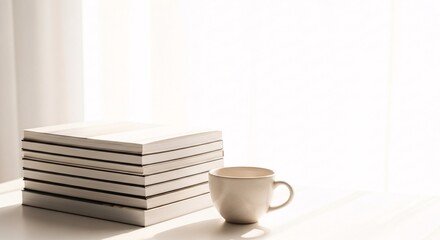 Stack of white books and ceramic coffee cup on desk with soft bright sunlight from window creating clean minimalist workspace atmosphere for study or reading relaxation