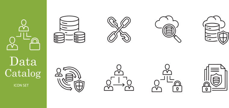 Data Catalog and Security Icon Set for Cloud Database, Cybersecurity, and Information Privacy Management