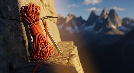 Coiled orange climbing rope and ice axe leaning against a rock face with majestic mountain peaks in a bright, sunny background, adventure