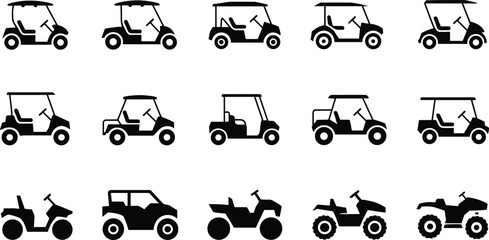 Golf cart and ATV silhouettes collection side view electric buggy and quad bike icons isolated on white background transportation vector set