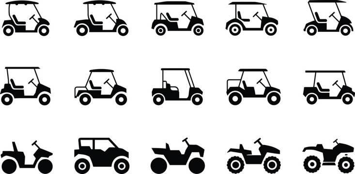 Golf cart and ATV silhouettes collection side view electric buggy and quad bike icons isolated on white background transportation vector set