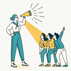 Fototapeta premium Businesswoman using megaphone to communicate vision to team, highlighting leadership, inspiration, and team motivation with bright spotlight.