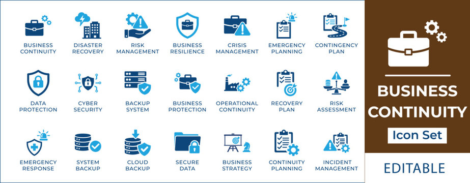 Business continuity and risk management icon set featuring disaster recovery, cyber security, emergency planning, data protection, cloud backup, and crisis management symbols.