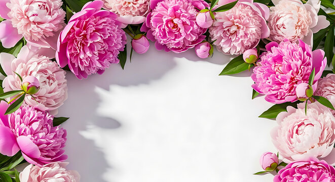 Pink peony flowers border on white background with green leaves  floral frame