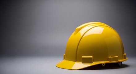 A bright yellow hard hat is prominently displayed against a plain gray background, symbolizing safety and protection in industrial and construction settings
