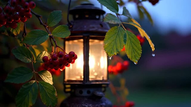 An antique lantern glows softly amidst red berries and damp foliage