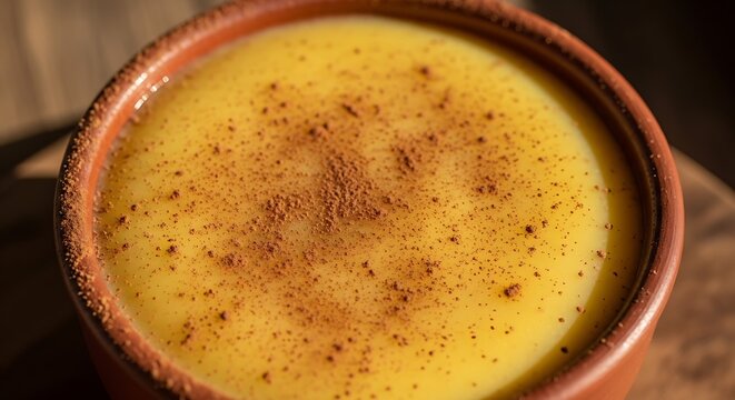 Cural, a creamy Brazilian dessert made from corn sprinkled with cinnamon, served in a rustic earthenware bowl.