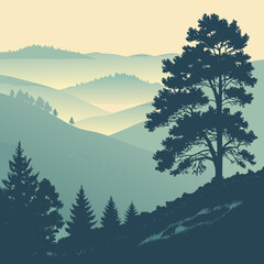 Fototapeta premium Serene layered landscape illustration with silhouettes of trees and rolling hills in misty blue and yellow hues.