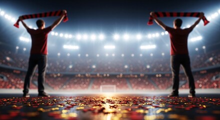 Two football fans holding scarfs up in stadium during match celebration confetti falling on ground with bright stadium lights