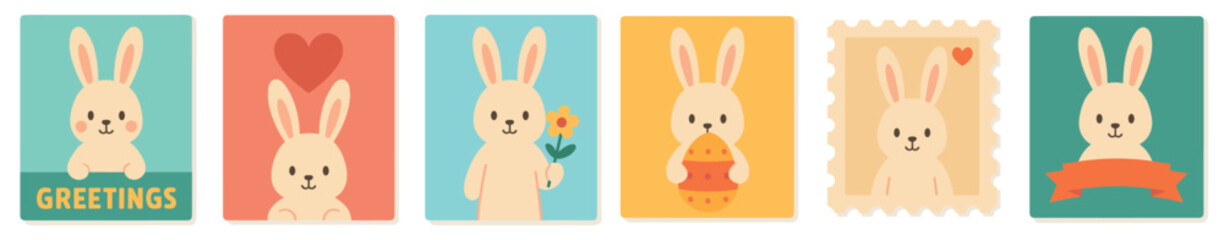 Obraz premium Six cute cartoon rabbits are featured in a collection of colorful cards, each displaying a different festive or friendly gesture in a charming flat design style