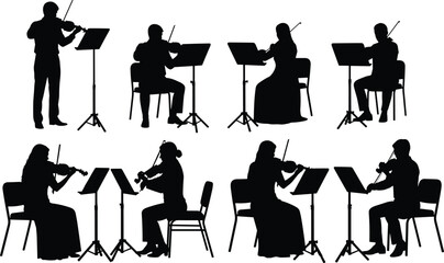 String quartet and violinist silhouettes performing classical music with music stands isolated on white background for orchestra concert and chamber ensemble concepts © Jamayat