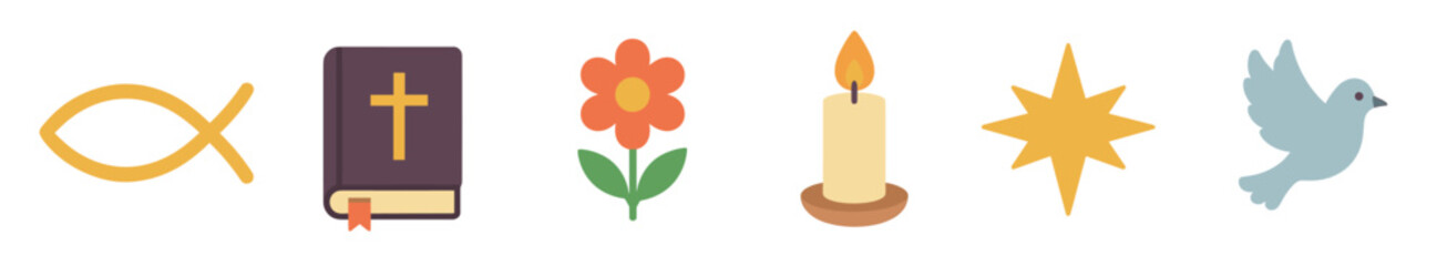 Obraz premium Set of six Christian religious symbols including a fish, bible, flower, candle, star, and dove in a flat minimalist illustration style for spiritual and faith-based concepts
