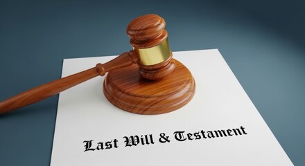 A wooden gavel resting on a document labeled last will and testament