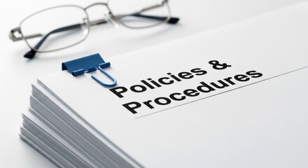 Document with policies and procedures manual on a desk with glasses