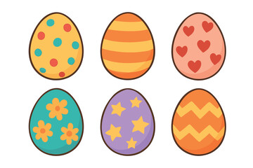 Six colorful decorated Easter eggs with various patterns like dots, stripes, hearts, flowers, and stars are featured in a festive collection of flat vector cartoon illustrations