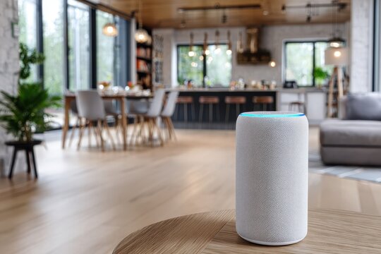 Smart speaker in a modern living room with a cozy atmosphere during the afternoon
