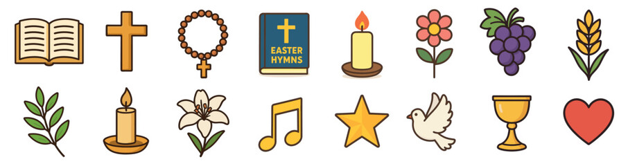Obraz premium Set of colorful Christian religious icons for Easter celebration including a cross, bible, dove, chalice, rosary, and lily flower in a flat illustrative style