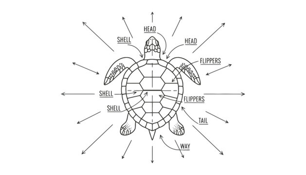 Turtle labeled diagram showing head, shell, flippers, and tail in detail