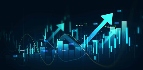 Financial data charts with glowing stock market graphs.Business financial chart with moving up arrow graph.Stock market investment data and analysis finance graph.	
