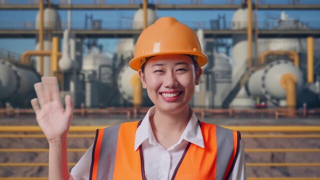Close Up Of Asian Female Engineer With Safety Helmet Smiling To Camera And Waving Hand Saying Bye While Standing at Energy Plant with Pipelines