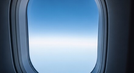Airplane window view showing clear blue sky with soft white horizon glow during high altitude flight journey representing travel freedom and aviation transportation service