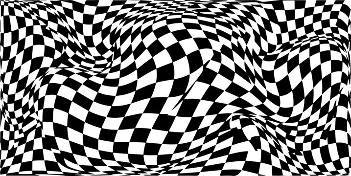 Wavy distorted checkerboard pattern background. Black and white warped grid with optical illusion effect. Created in abstract style with monochrome palette.