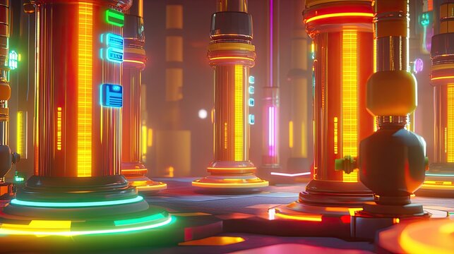 Retro-Futuristic Data Center: Glowing Columns and Neon Accents