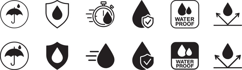 Waterproof icon set. Editable vector EPS for water-resistant products, protection, and outdoor gear. © MDSHAHIN