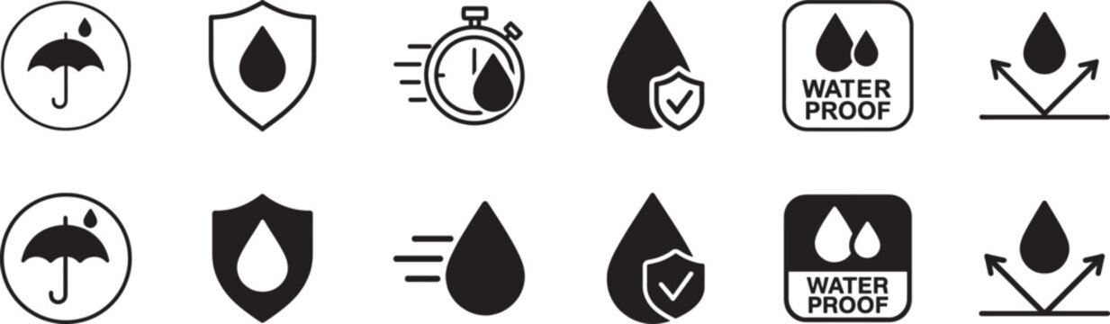 Waterproof icon set. Editable vector EPS for water-resistant products, protection, and outdoor gear.