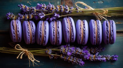 Fototapeta premium Lavender macarons with fresh lavender stems on rustic wooden background.