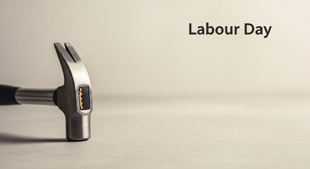 Labour day conceptual image with close up shot of metal claw hammer standing vertically on textured grey surface against neutral background with minimalist typography