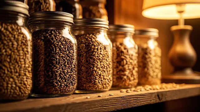 Jars of various grains are neatly arranged on a wooden shelf