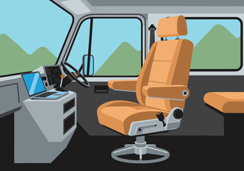 Fototapeta premium A mobile office van seat showcases a laptop and ergonomic chair within a scenic mountain backdrop. Ideal for remote work and travel lifestyle visuals.