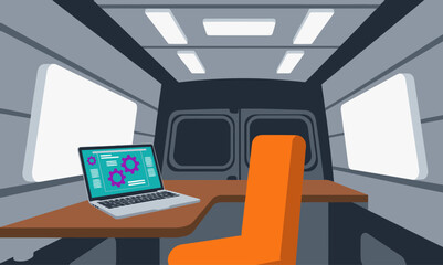 A modern mobile work van interior showcases a laptop, ergonomic chair, and workspace. Ideal for remote work and digital nomad visuals.