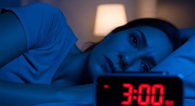Concept of insomnia with woman awake and digital clock showing 3 AM