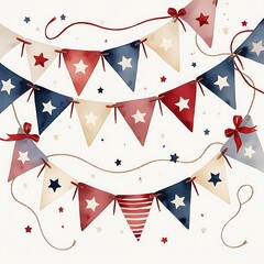 Obraz premium Watercolor patriotic bunting banner with soft triangular flags in dusty red, creamy white and faded navy, hand painted stars and stripes, gentle curved rope string, small velvet red bows at corners