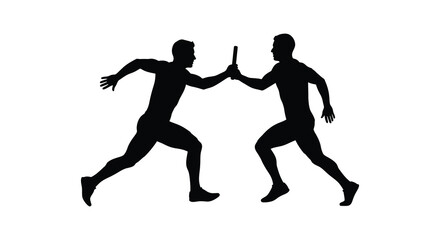 Fototapeta premium Two runners exchange a baton during a relay race captured in a stark black silhouette high quality professional detailed modern elegant