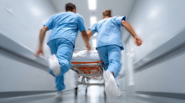 Medical staff rush a patient on a stretcher through a hospital hallway during an emergency situation in broad daylight